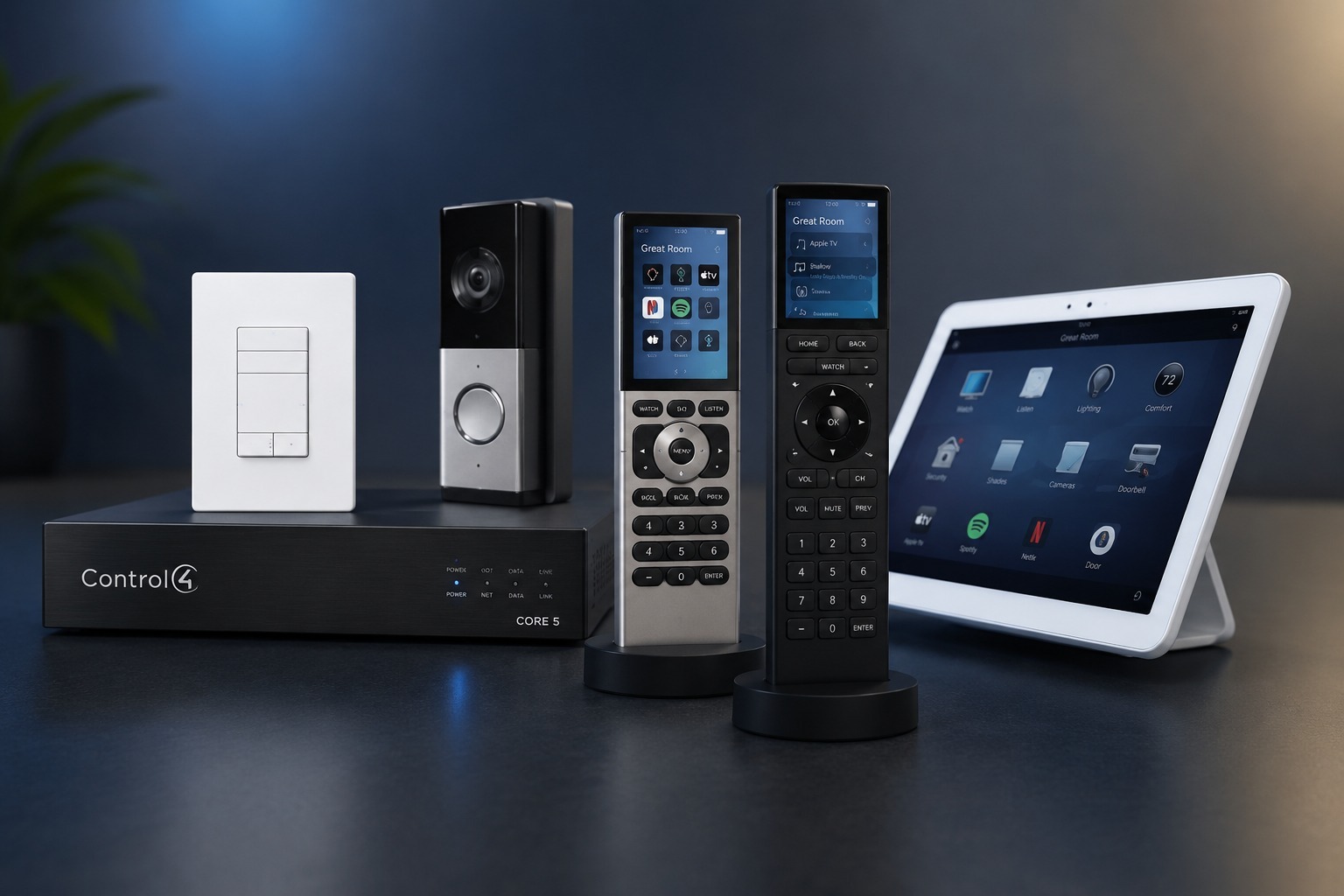 Control4 controller, keypad, doorbell, remotes and wall touchscreen